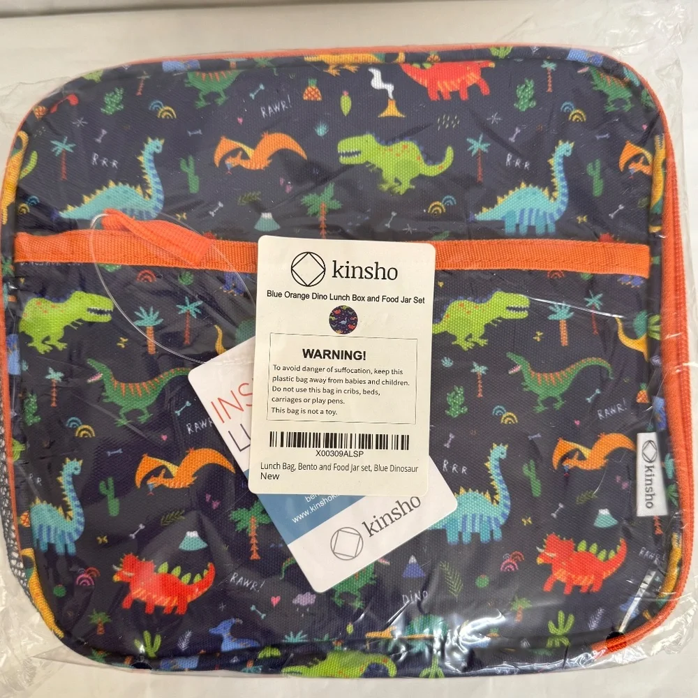 Kinsho Bento Blue Orange Dinosaur Insulated Lining Lunch Box Thermo Ice Pack NEW